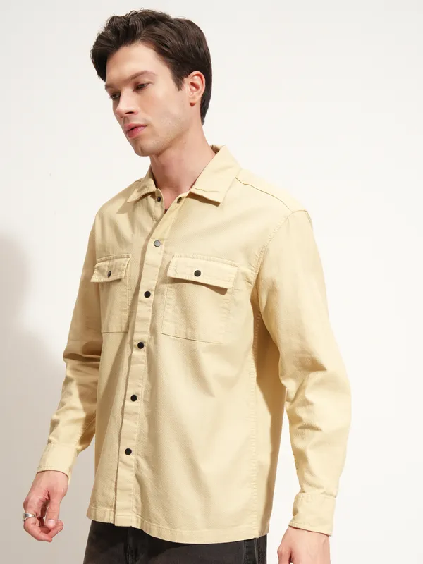 Highlander Men Beige Self Design Relaxed Fit Casual Shirt