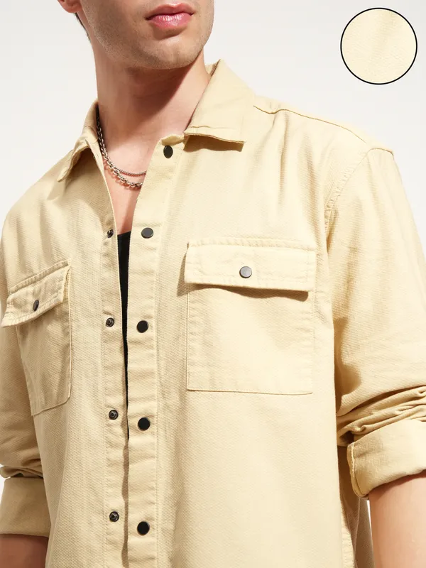 Highlander Men Beige Self Design Relaxed Fit Casual Shirt