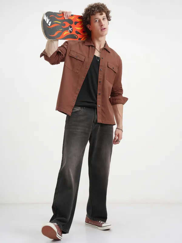 Highlander Men Rust Self Design Relaxed Fit Casual Shirt