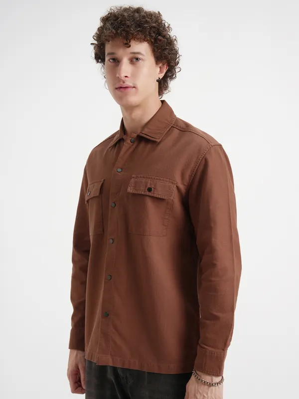 Highlander Men Rust Self Design Relaxed Fit Casual Shirt