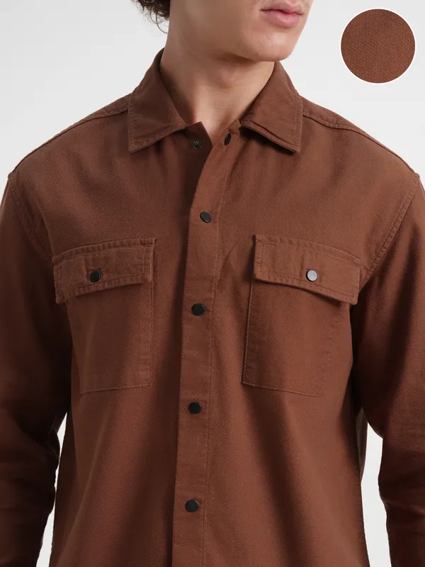 Highlander Men Rust Self Design Relaxed Fit Casual Shirt