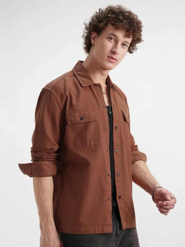 Highlander Men Rust Self Design Relaxed Fit Casual Shirt