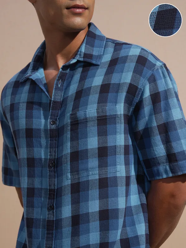 Highlander Men Blue Checked Oversized Fit Casual Shirt