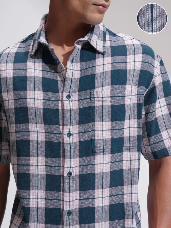 Highlander Men Teal Checked Oversized Fit Casual Shirt