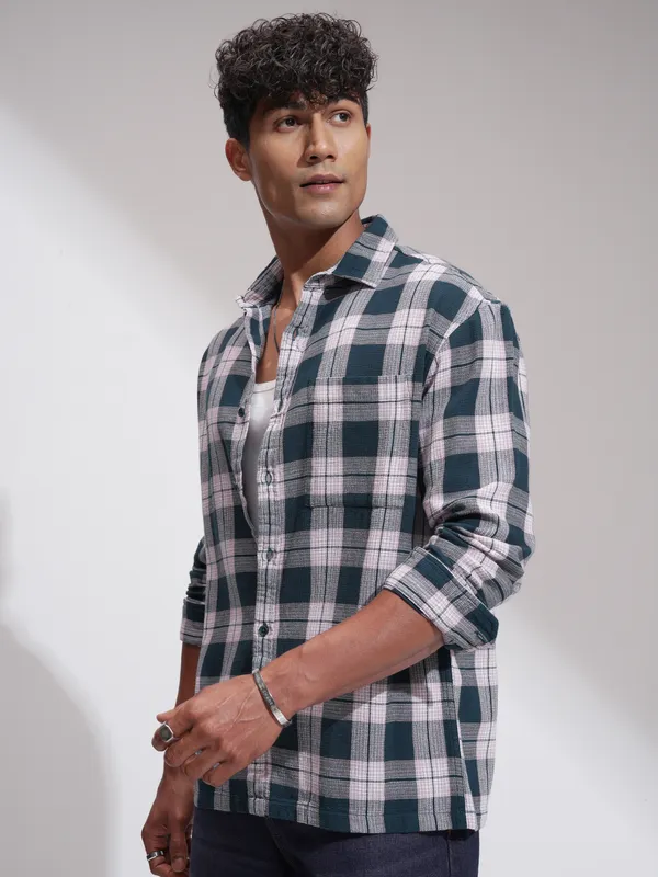 Highlander Men Teal Checked Oversized Fit Casual Shirt