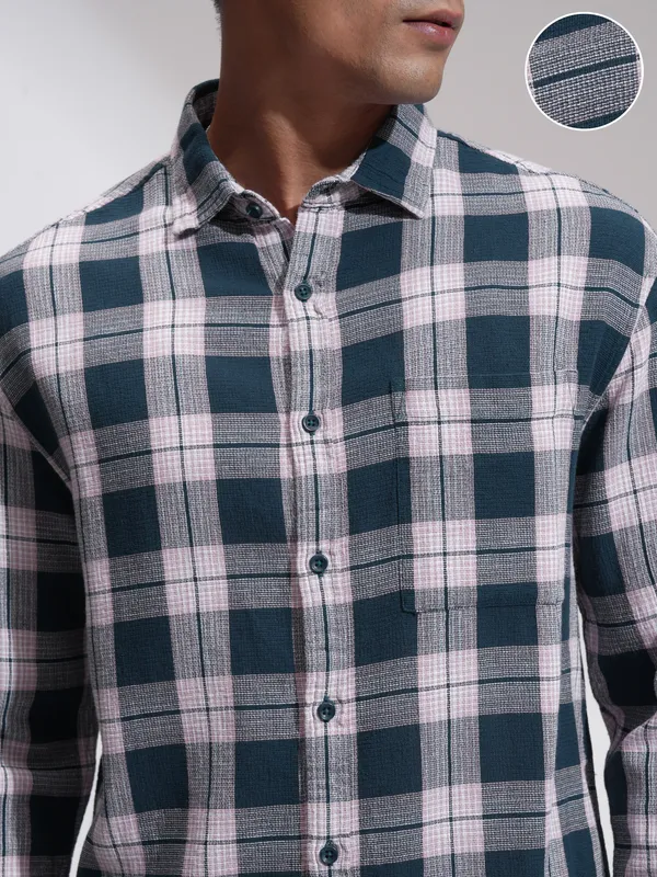Highlander Men Teal Checked Oversized Fit Casual Shirt