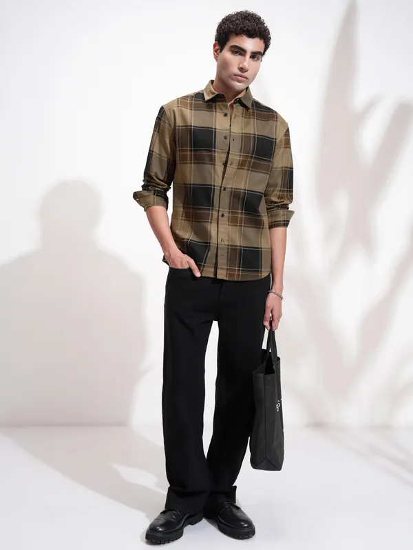 Highlander Men Mustard Checked Oversized Fit Casual Shirt