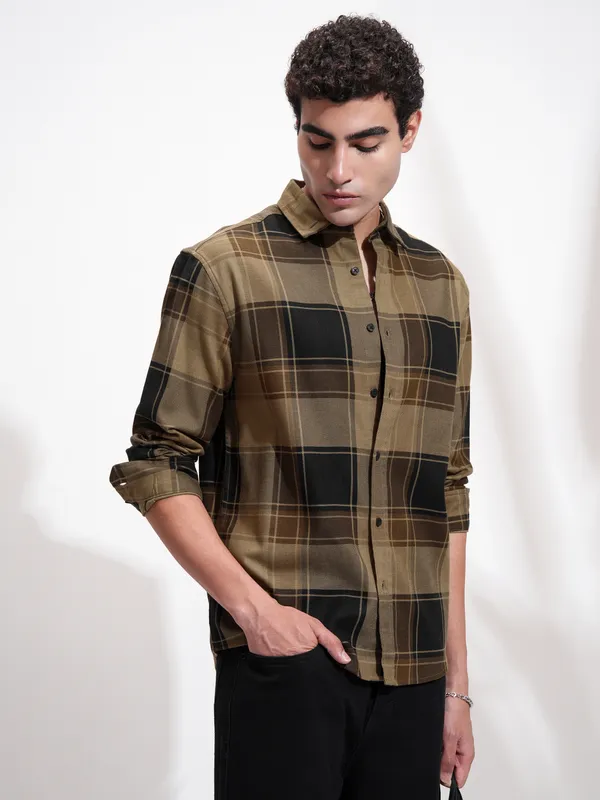 Highlander Men Mustard Checked Oversized Fit Casual Shirt