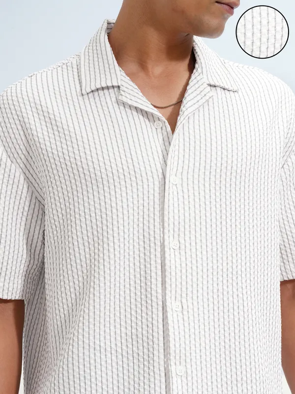 Highlander Men White Self Design Oversized Fit Casual Shirt