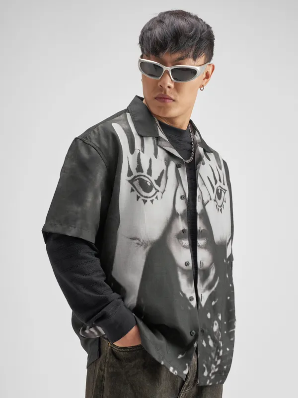 Highlander Men Black Printed Boxy Fit Casual Shirt