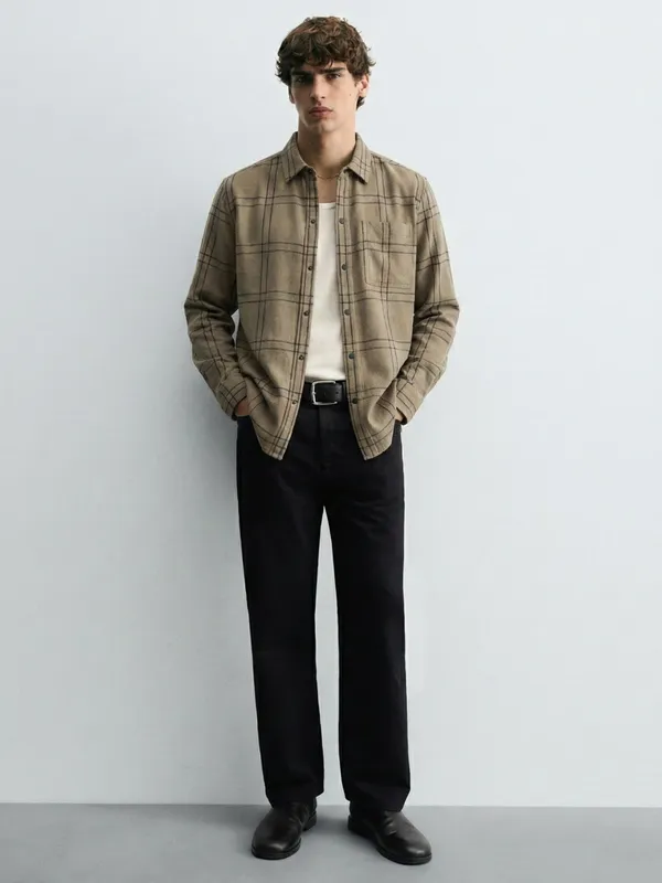 Highlander Men Khaki Checked Relaxed Fit Casual Shirt