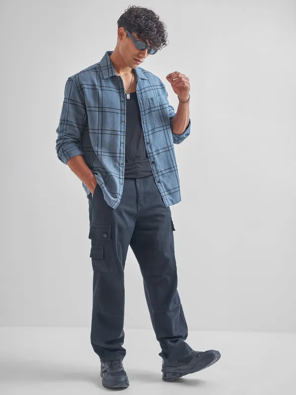 Highlander Men Blue Checked Relaxed Fit Casual Shirt