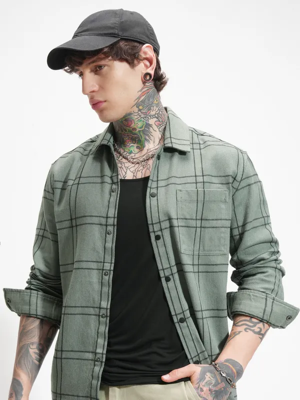 Highlander Men Green Checked Relaxed Fit Casual Shirt