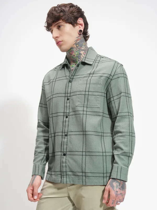 Highlander Men Green Checked Relaxed Fit Casual Shirt
