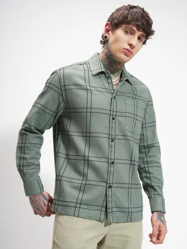 Highlander Men Green Checked Relaxed Fit Casual Shirt