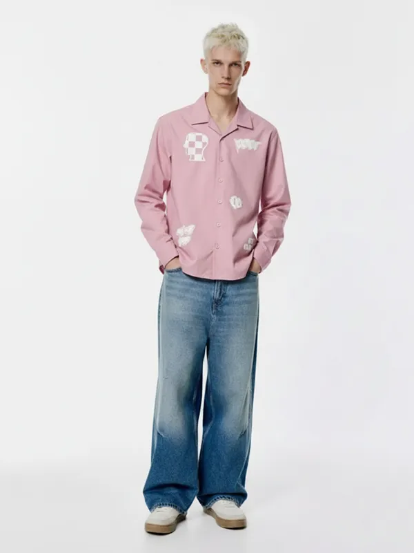 Highlander Men Pink Embroidered Oversized Fit Casual Shirt