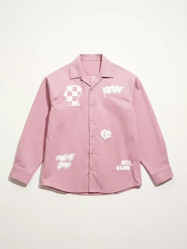 Highlander Men Pink Embroidered Oversized Fit Casual Shirt