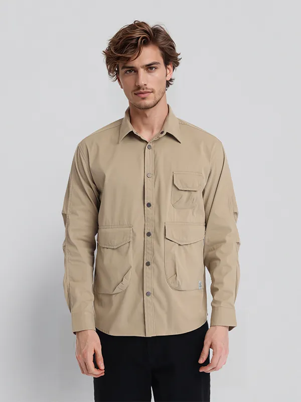 Highlander Men Khaki Solid Oversized Fit Casual Shirt
