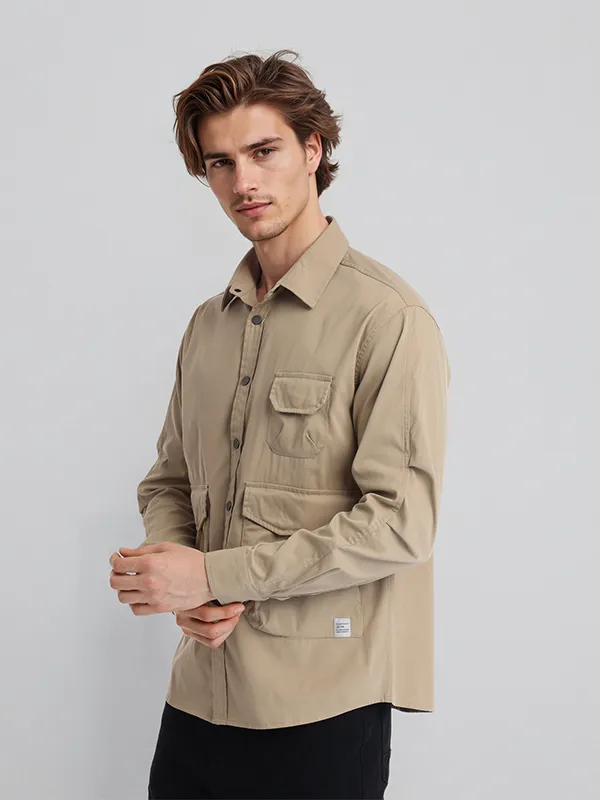 Highlander Men Khaki Solid Oversized Fit Casual Shirt
