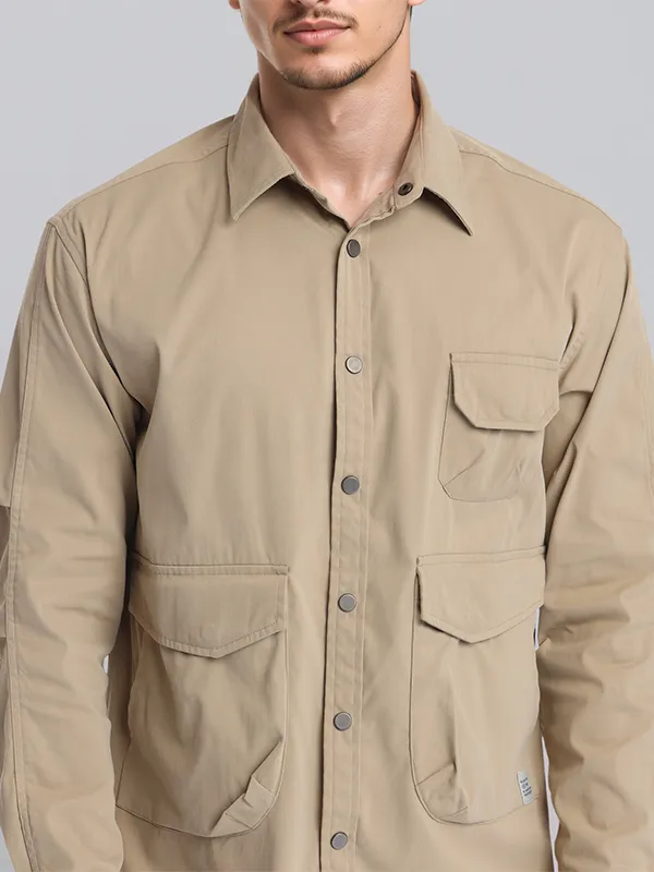 Highlander Men Khaki Solid Oversized Fit Casual Shirt