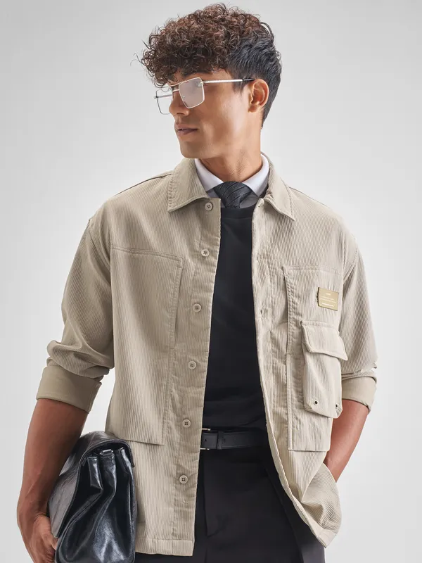 Highlander Men Beige Self Design Oversized Fit Casual Shirt