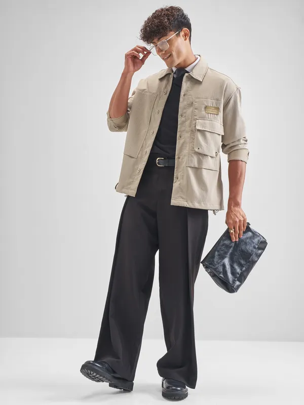 Highlander Men Beige Self Design Oversized Fit Casual Shirt