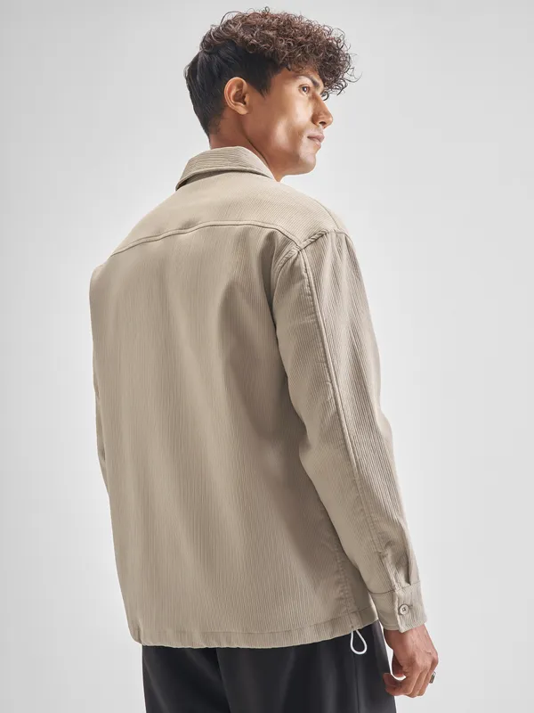 Highlander Men Beige Self Design Oversized Fit Casual Shirt