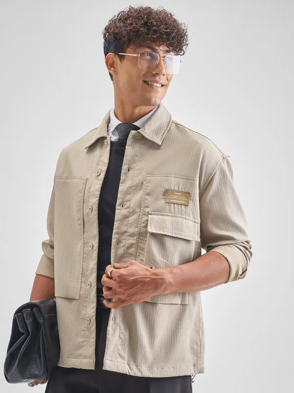 Highlander Men Beige Self Design Oversized Fit Casual Shirt