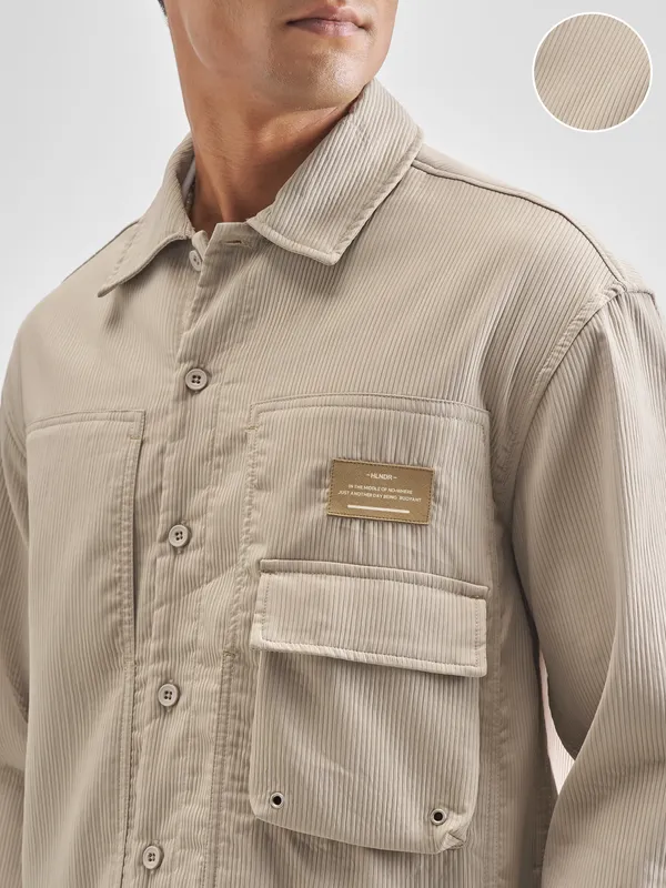 Highlander Men Beige Self Design Oversized Fit Casual Shirt