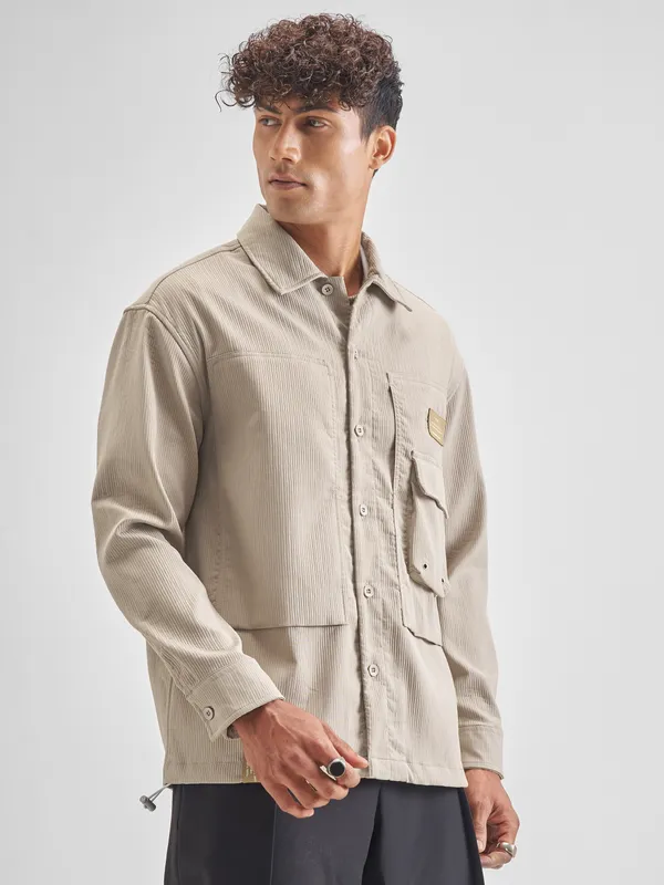 Highlander Men Beige Self Design Oversized Fit Casual Shirt