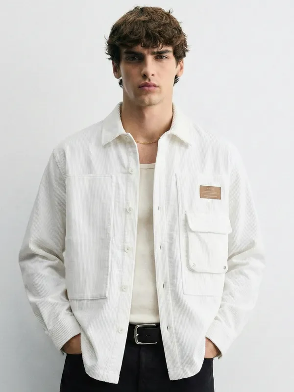 Highlander Men White Self Design Oversized Fit Casual Shirt