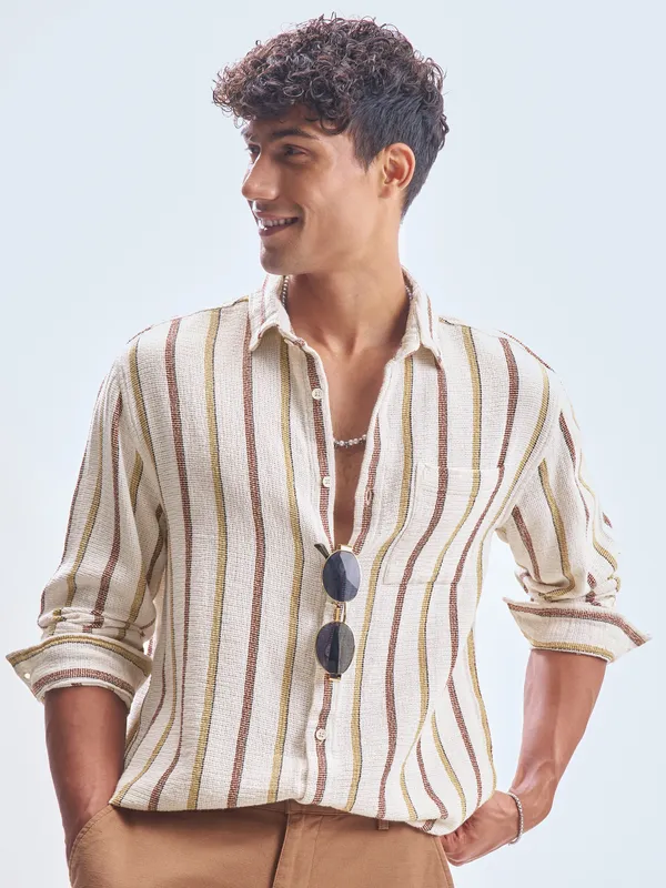 Highlander Men Cream Striped Relaxed Fit Casual Shirt