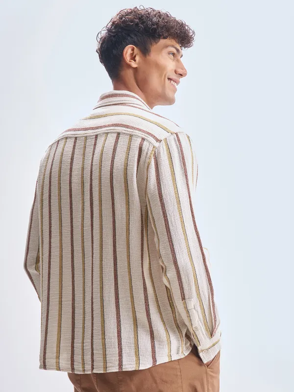 Highlander Men Cream Striped Relaxed Fit Casual Shirt