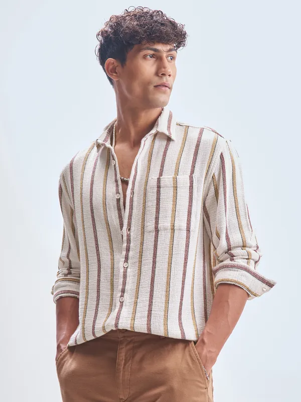 Highlander Men Cream Striped Relaxed Fit Casual Shirt