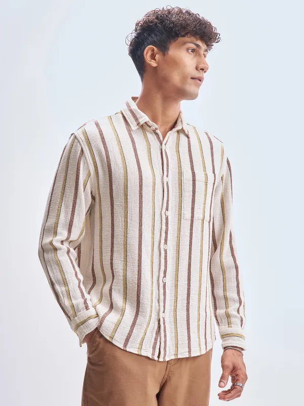 Highlander Men Cream Striped Relaxed Fit Casual Shirt
