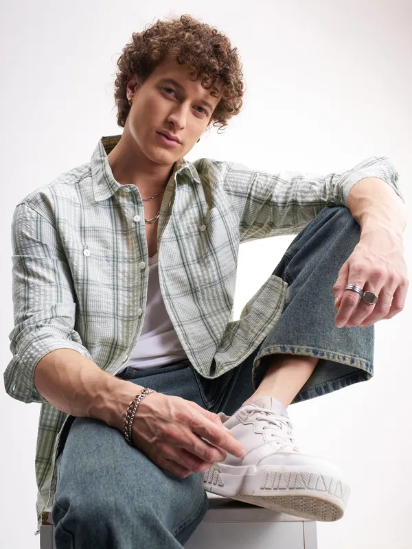 Highlander Men Green Checked Relaxed Fit Casual Shirt