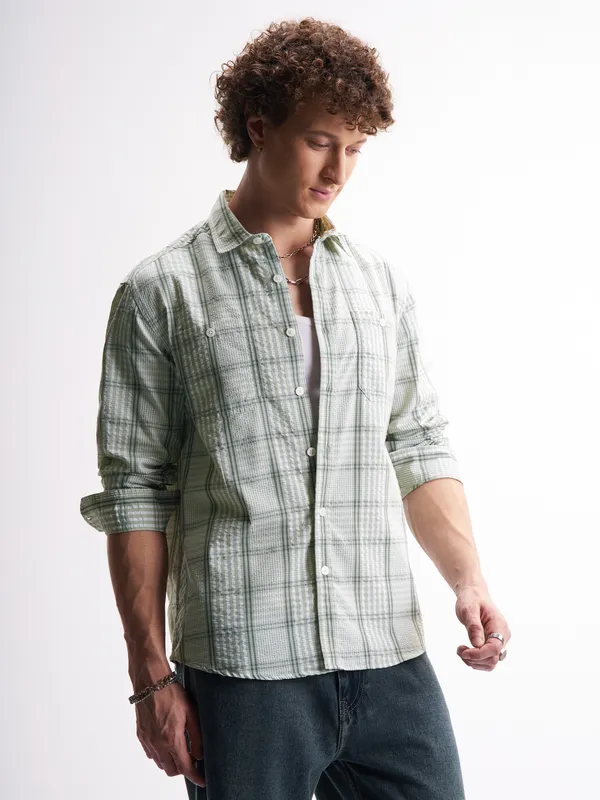 Highlander Men Green Checked Relaxed Fit Casual Shirt