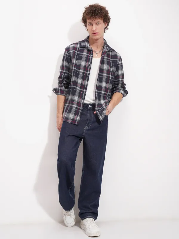 Highlander Men Navy Blue Checked Relaxed Fit Casual Shirt