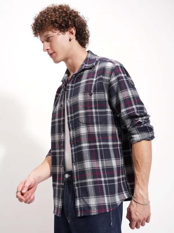 Highlander Men Navy Blue Checked Relaxed Fit Casual Shirt