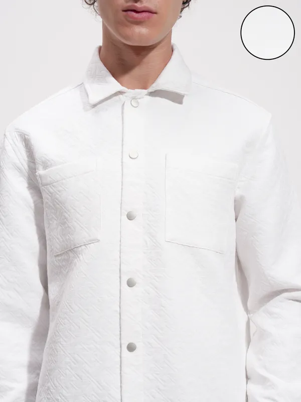 Highlander Men White Self Design Relaxed Fit Casual Shirt