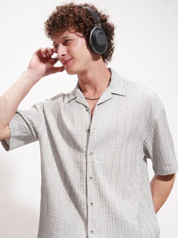 Highlander Men Grey Striped Relaxed Fit Casual Shirt