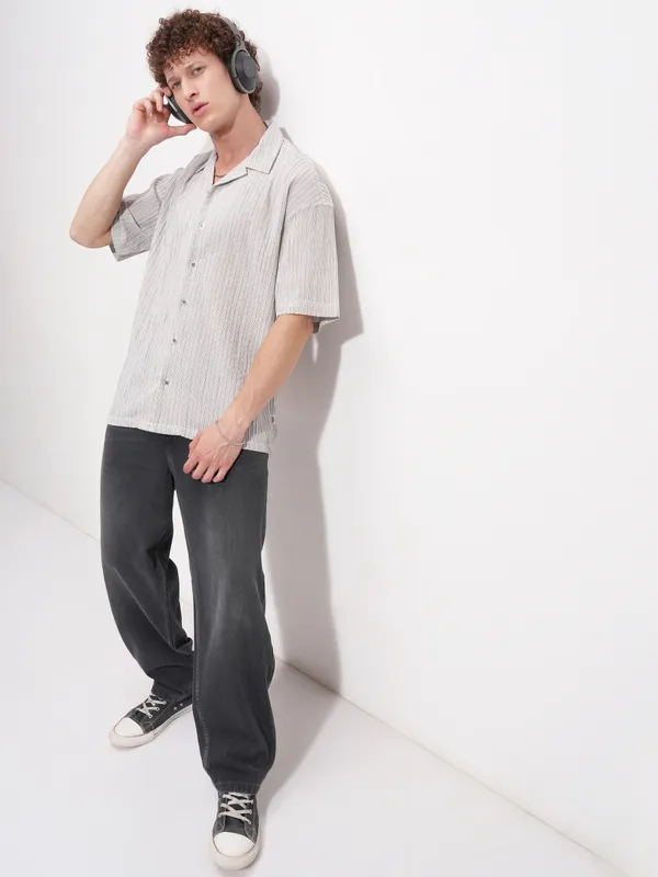 Highlander Men Grey Striped Relaxed Fit Casual Shirt