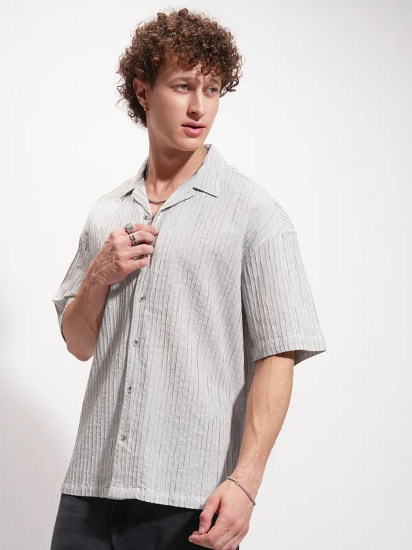 Highlander Men Grey Striped Relaxed Fit Casual Shirt