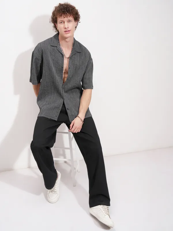 Highlander Men Grey Striped Relaxed Fit Casual Shirt