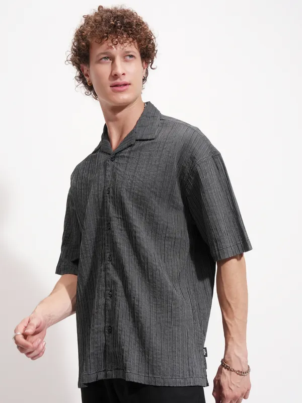 Highlander Men Grey Striped Relaxed Fit Casual Shirt
