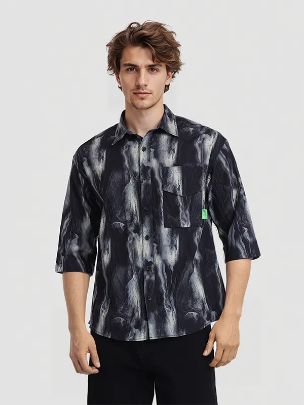 Highlander Men Black Printed Oversized Fit Casual Shirt