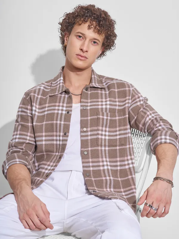 Highlander Men Brown Checked Relaxed Fit Casual Shirt