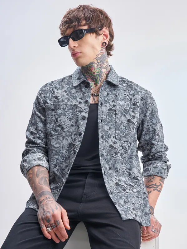 Highlander Men Grey Printed Relaxed Fit Casual Shirt