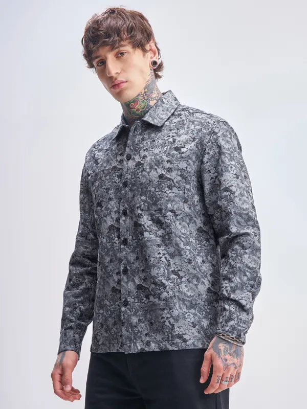 Highlander Men Grey Printed Relaxed Fit Casual Shirt