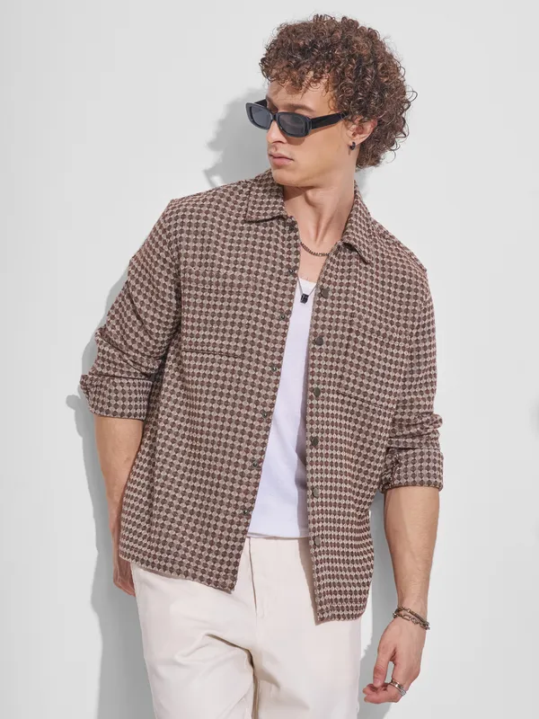 Highlander Men Brown Self Design Relaxed Fit Casual Shirt
